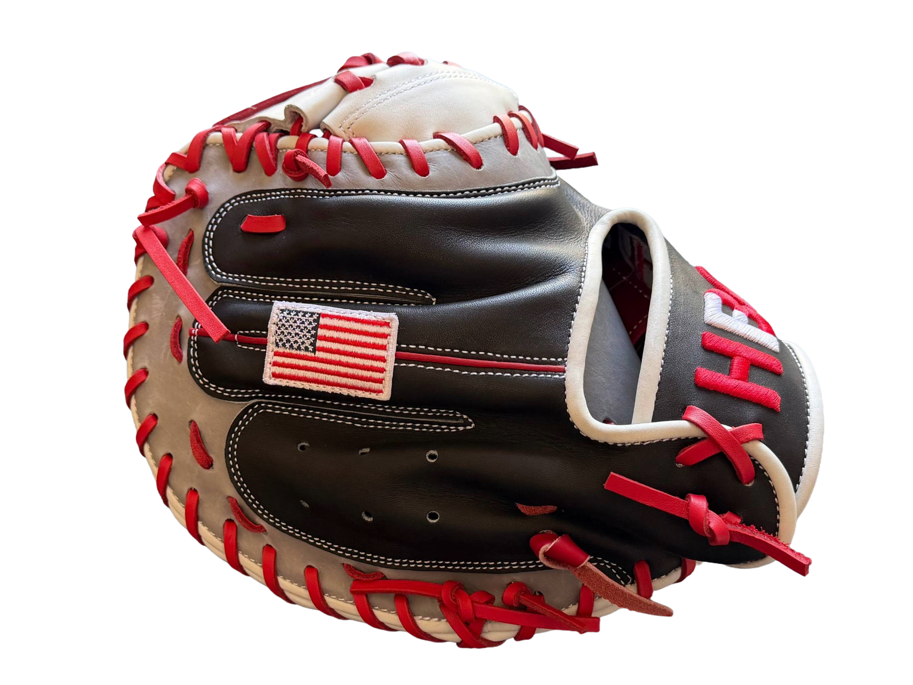 Baseball glove with American flag patch on a white background